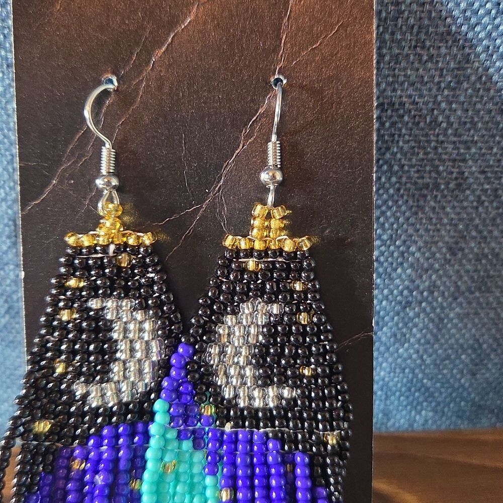 Boho Celestial Moon Seed Bead Fringe Dangle Earrings - Picture 5 of 16